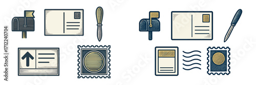 Collection of postal service icons including mailbox, postcard, stamp, and letter opener in vintage style