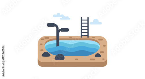 Outdoor hot spring with ladder and water jets.