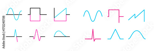 Collection of diverse electronic signal waveforms including sine, square, triangle, and pulse patterns for technical design