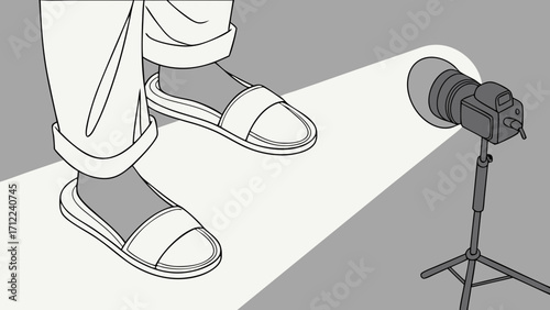 Studio Photography Fashion Footwear Camera Setup Minimalist Illustration Product Shot Sandals Light Setup Graphic Design Line Art Black and White Illustration Simple Design Flat Lay.