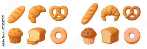 Delicious assortment of fresh baked goods including baguettes, croissants, pretzels, muffins, sliced bread, and donuts on a clean white background