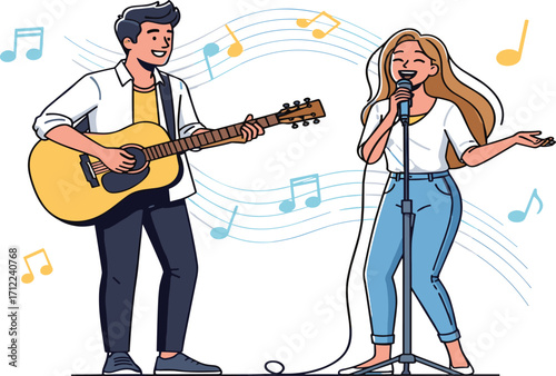 Live music performance, acoustic guitar, singer on stage, musical collaboration, casual outfit, microphone stand, melody, entertainment, concert vibe, artistic expression