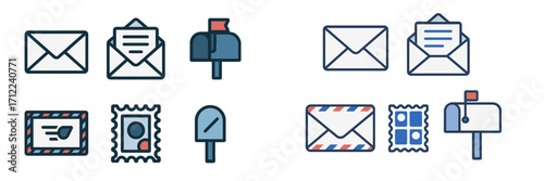 Set of diverse mail and communication icons featuring envelopes, open letters, postage stamps, and classic mailboxes for digital use