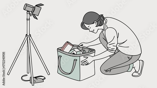 Studio Setup with Person Organizing Items in a Bag.