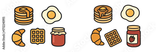 Delicious classic breakfast foods assortment with golden pancakes, fried eggs, flaky croissant, crispy waffle, and sweet strawberry jam, perfect for morning meals