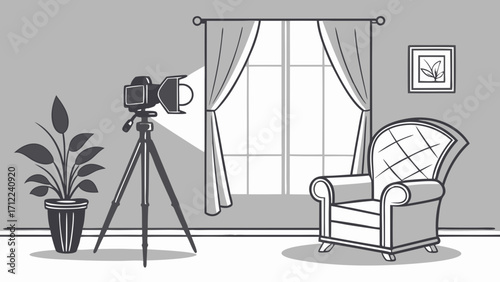 Studio setup with lighting equipment armchair and plant home interior design illustration.