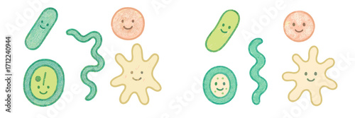 Cute smiling microorganisms and bacteria in diverse shapes and vibrant colors with a textured appearance, representing microscopic life forms