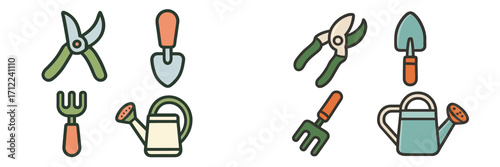 Assortment of colorful gardening tools including pruning shears, hand trowel, garden fork, and watering can for outdoor planting and maintenance