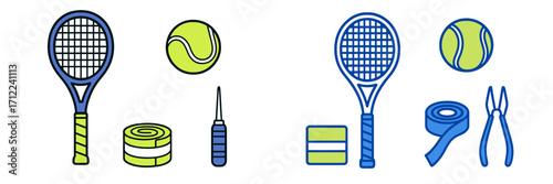 Detailed collection of tennis equipment featuring rackets, balls, and essential stringing tools for court sports activity