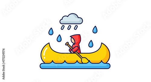 Person in a yellow canoe paddling in the rain.