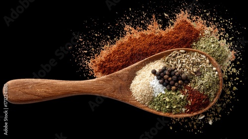 A football match on a white background alongside closeup of spice and powder for cooking with black pepper seeds.