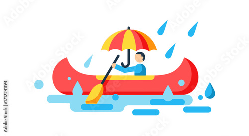 Person in Canoe Under Umbrella in Rain.