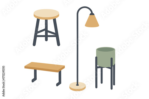 Isometric modern home furniture and decor elements for interior design projects, featuring minimalist style and contemporary household items like stools, benches, floor lamps, and plant