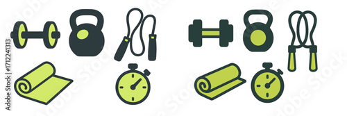 Gym workout and fitness training equipment including dumbbells, kettlebells, jump ropes, yoga mats, and stopwatches