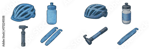 Collection of essential cycling gear and bicycle accessories including helmets, water bottles, tire pumps, and tire levers