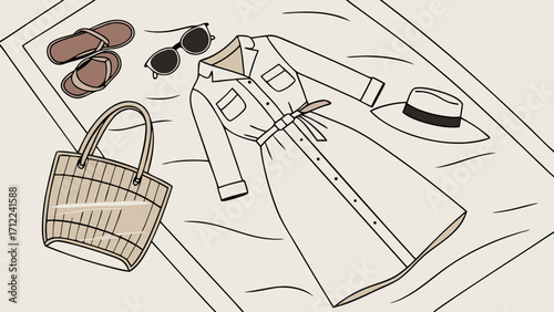 Summer Fashion Flatlay Dress Sunglasses Hat Sandals Bag Illustration.