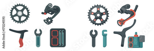 Essential bicycle components and repair tools including gears, shifters, brake levers, and maintenance accessories