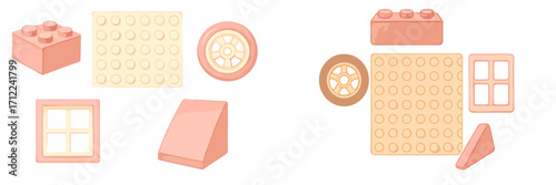 Playful collection of building bricks, wheels, and window frames for children's creative construction activities