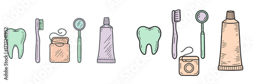 Dental hygiene tools and oral care essentials including healthy teeth, toothbrushes, toothpaste, dental floss, and mirrors