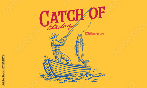 vintage fishing illustration of fisherman catching a salmon for t shirt print, sticker. Yellow background vintage fishing partner vector design.