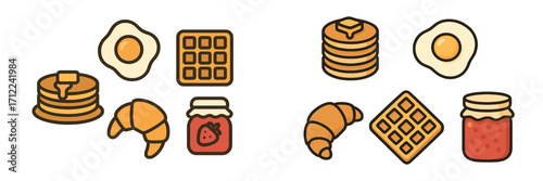 Assortment of delicious breakfast food items including fluffy pancakes, fried eggs, crispy waffles, golden croissants, and sweet strawberry jam