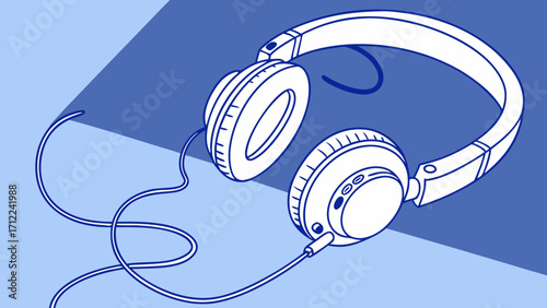 Wired Headphones Music Listening Audio Device Blue Background Flat Lay Illustration Technology Illustration Minimalist Design Headphones on Table Music Equipment Sound Earphones Audio.