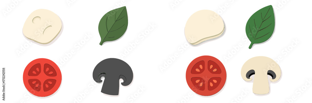 Obraz premium Fresh pizza ingredients set featuring mozzarella cheese, green spinach, red tomato, and mushroom slices