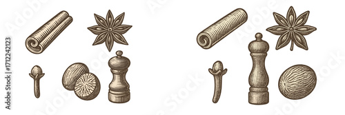 Assortment of aromatic cooking spices including cinnamon sticks, star anise, whole cloves, nutmeg, and a pepper grinder