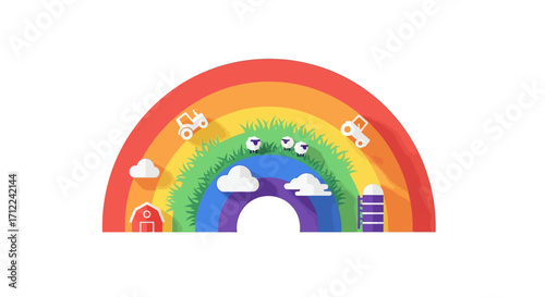 Rainbow farm scene with animals and silo.