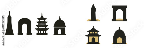 Diverse collection of iconic architectural landmarks and travel destination silhouettes with golden accents