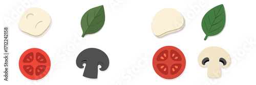 Fresh pizza ingredients set featuring mozzarella cheese, green spinach, red tomato, and mushroom slices