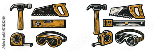 Assortment of essential woodworking and construction tools featuring hammer hand saw level tape measure and safety goggles