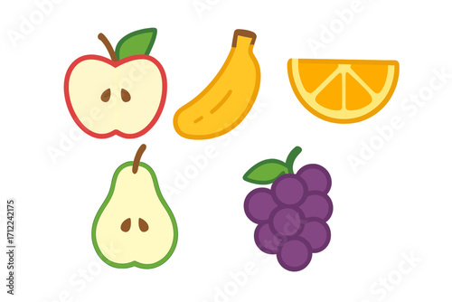 Diverse group of popular fruits including a red apple, yellow banana, orange slice, green pear, and purple grapes
