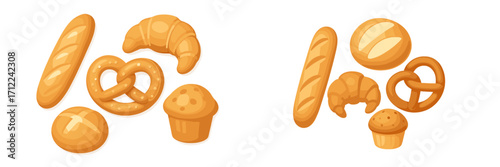 Delicious assortment of freshly baked goods including crusty bread, flaky croissants, savory pretzels, and sweet muffins