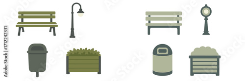 Collection of urban park and street furniture elements including benches, streetlights, trash cans, and planters