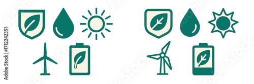 Green energy and environmental protection concepts with leaf, water drop, sun, wind turbine, and battery