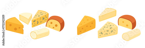 Various cheese types including cheddar, blue cheese, brie, and goat cheese wedges and blocks on a white background