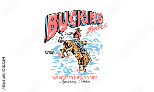 vintage cowboy illustration on a bucking bronco. Vintage rodeo artwork for t shirt print, poster