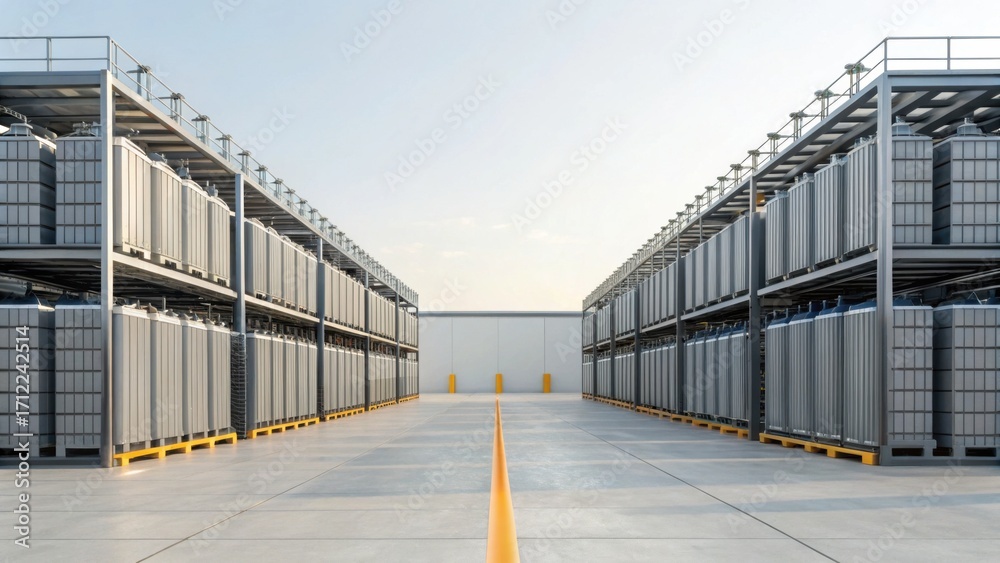 Fototapeta premium A modern industrial facility featuring stacked storage units under a clear sky, characterized by clean lines and an organized layout.