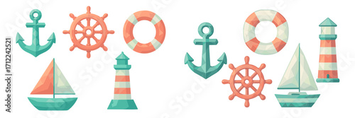 Low poly nautical elements featuring anchors, ship wheels, lifebuoys, sailboats, and lighthouses on white