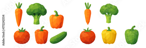Collection of vibrant low poly fresh vegetables including carrots broccoli bell peppers tomatoes and cucumber