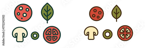 Assortment of fresh pizza ingredients and toppings set including pepperoni, mushroom, tomato, basil, and olive icons for cooking