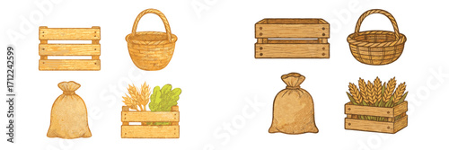 Collection of farm harvest containers including wooden crates, wicker baskets, and sacks with wheat and fresh greens