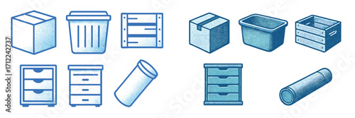 Blue textured icons of storage boxes, bins, crates, filing cabinets, and tubes for organization and logistics