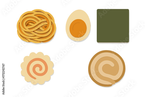 Delicious Japanese ramen toppings assortment with noodles, egg, seaweed, narutomaki, and pork belly slices