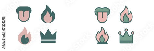 Set of graphic icons featuring stylized human tongues, burning flames, and royal crowns in a modern flat design style