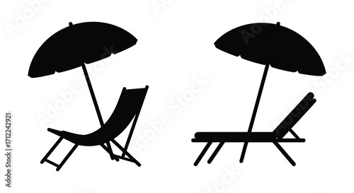 Black silhouette of beach chairs and umbrellas against a white background