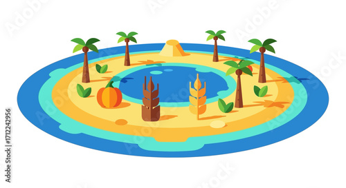 Round Island Paradise with Palm Trees and a Pond.