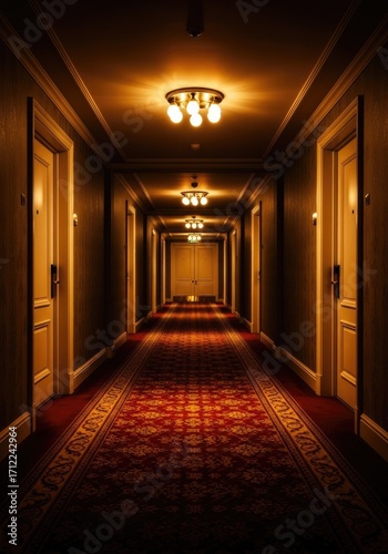 Hyperreal vintage hotel corridor with golden light, patterned carpet, wood paneling, dim atmosphere, mysterious, empty ambiance.
