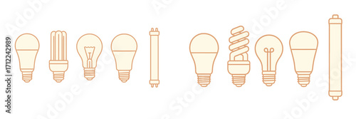 Extensive collection of light bulbs displaying different shapes and technologies for illumination purposes, including LED, CFL, and incandescent